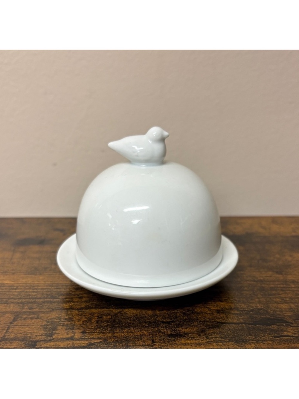 White Ceramic Butter Dish with Bird Knob - Home Accents